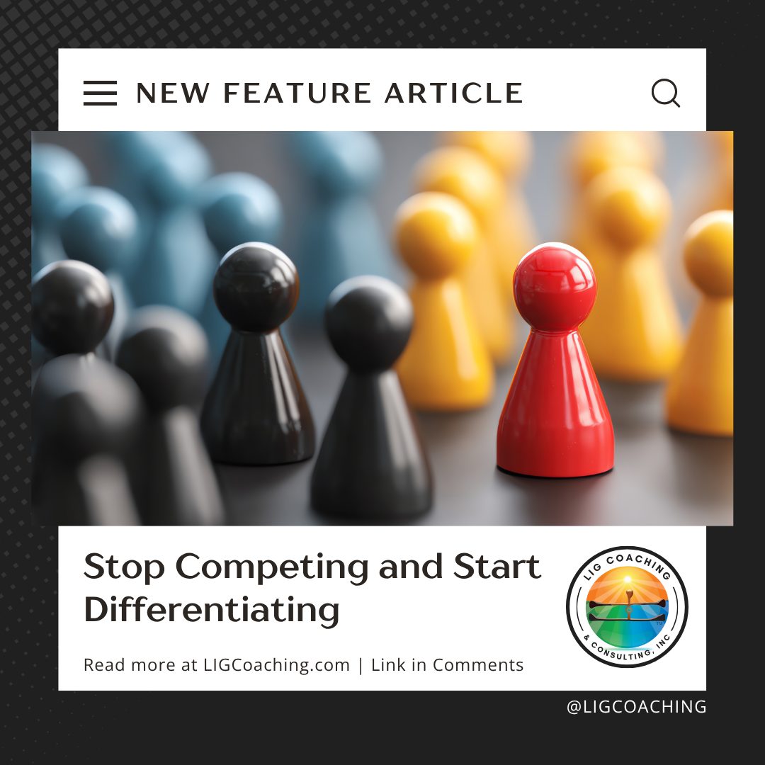 Red game piece standing out from a crowd of black, yellow, and blue pieces, symbolizing differentiation, individuality, and strategic focus in leadership and business.