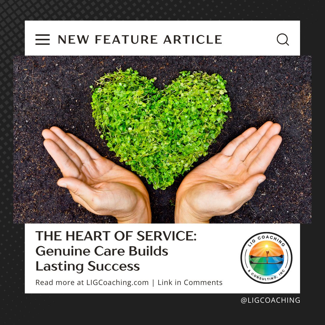 The Heart of Service: Genuine Care Builds Lasting Success Hands open beneath a green heart-shaped plant symbolizing service, care, and people-centered leadership in business.